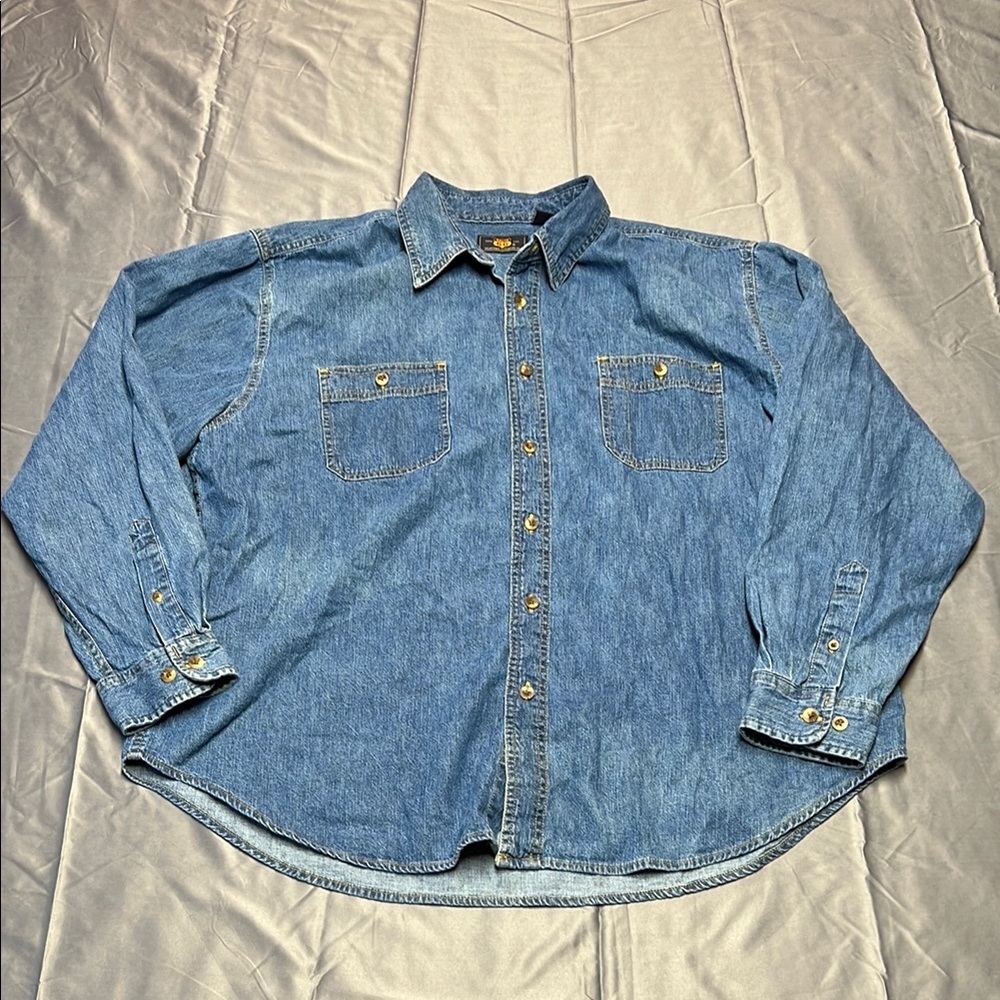 Vintage blue denim Route 66 long sleeve collared button down casual shirt XL